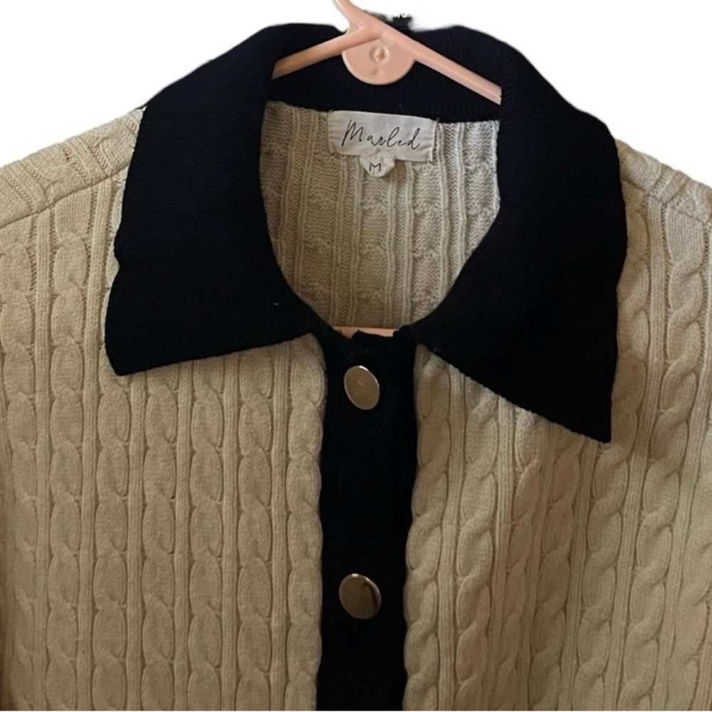 Marled Cozy Cable-Knit Sweater Cream/Tan & Black Collared Contrast Size M Preppy - Picture 3 of 7
